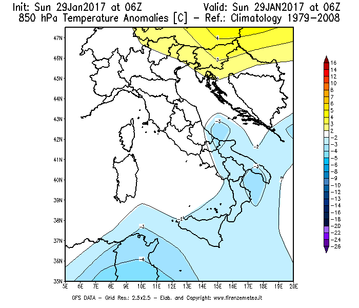 Mappa di analisi GFS - Anomalia Temperatura [°C] a 850 hPa in Italia
							del 29/01/2017 06 <!--googleoff: index-->UTC<!--googleon: index-->