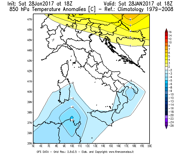 Mappa di analisi GFS - Anomalia Temperatura [°C] a 850 hPa in Italia
							del 29/01/2017 18 <!--googleoff: index-->UTC<!--googleon: index-->