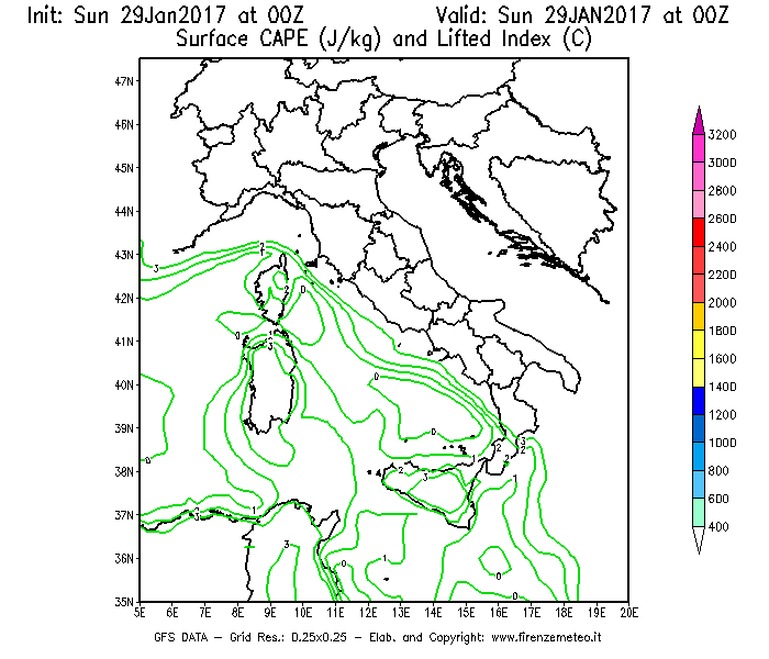 Mappa di analisi GFS - CAPE [J/kg] e Lifted Index [°C] in Italia
									del 29/01/2017 00 <!--googleoff: index-->UTC<!--googleon: index-->