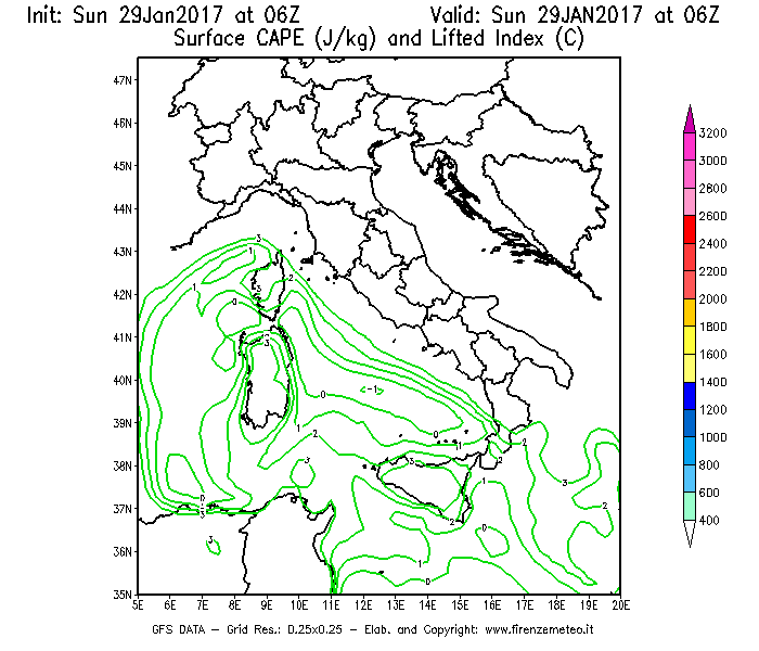 Mappa di analisi GFS - CAPE [J/kg] e Lifted Index [°C] in Italia
							del 29/01/2017 06 <!--googleoff: index-->UTC<!--googleon: index-->