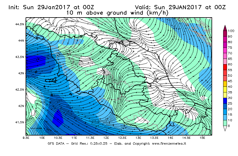 Mappa di analisi GFS - Velocità del vento a 10 metri dal suolo [km/h] in Centro-Italia
							del 29/01/2017 00 <!--googleoff: index-->UTC<!--googleon: index-->