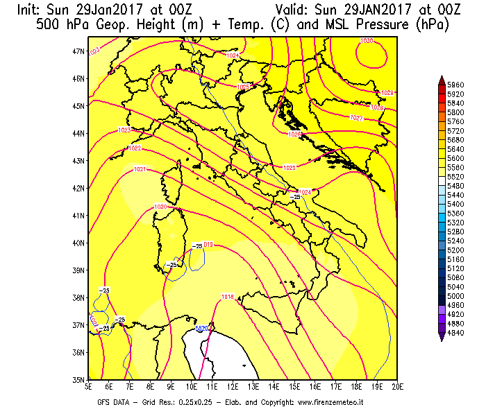 Mappa di analisi GFS - Geopotenziale [m] + Temp. [°C] a 500 hPa + Press. a livello del mare [hPa] in Italia
							del 29/01/2017 00 <!--googleoff: index-->UTC<!--googleon: index-->