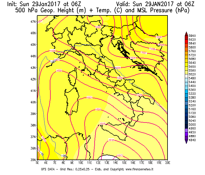 Mappa di analisi GFS - Geopotenziale [m] + Temp. [°C] a 500 hPa + Press. a livello del mare [hPa] in Italia
							del 29/01/2017 06 <!--googleoff: index-->UTC<!--googleon: index-->