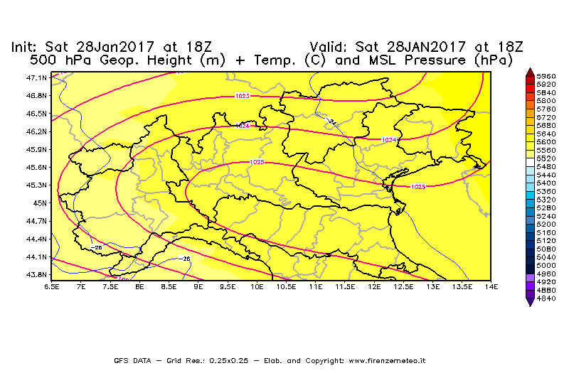 Mappa di analisi GFS - Geopotenziale [m] + Temp. [°C] a 500 hPa + Press. a livello del mare [hPa] in Nord-Italia
							del 29/01/2017 18 <!--googleoff: index-->UTC<!--googleon: index-->