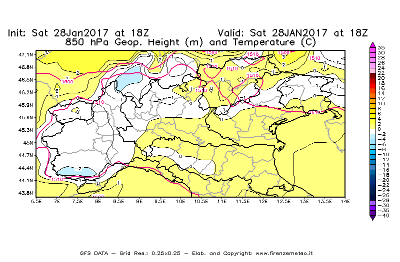 Mappa di analisi GFS - Geopotenziale [m] e Temperatura [°C] a 850 hPa in Nord-Italia
							del 29/01/2017 18 <!--googleoff: index-->UTC<!--googleon: index-->