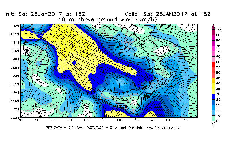 Mappa di analisi GFS - Velocità del vento a 10 metri dal suolo [km/h] in Sud-Italia
									del 29/01/2017 18 <!--googleoff: index-->UTC<!--googleon: index-->