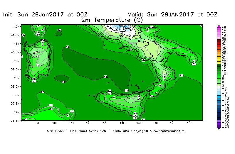 Mappa di analisi GFS - Temperatura a 2 metri dal suolo [°C] in Sud-Italia
							del 29/01/2017 00 <!--googleoff: index-->UTC<!--googleon: index-->