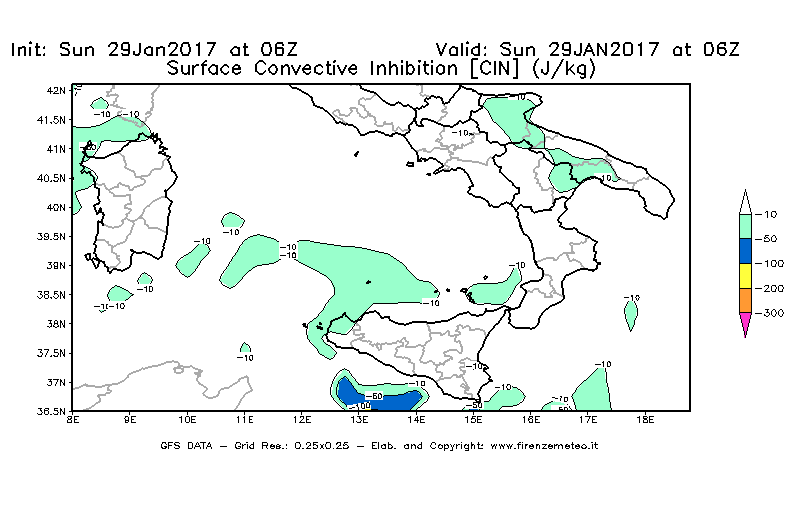 Mappa di analisi GFS - CIN [J/kg] in Sud-Italia
									del 29/01/2017 06 <!--googleoff: index-->UTC<!--googleon: index-->