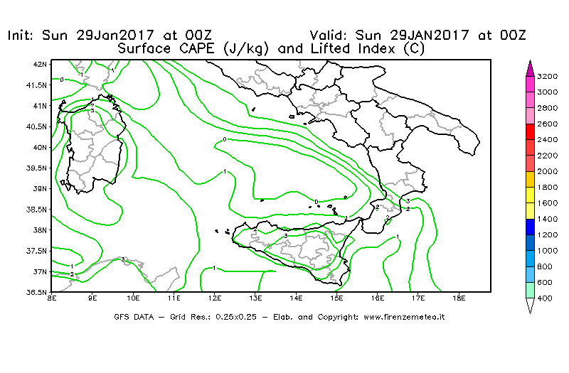 Mappa di analisi GFS - CAPE [J/kg] e Lifted Index [°C] in Sud-Italia
							del 29/01/2017 00 <!--googleoff: index-->UTC<!--googleon: index-->