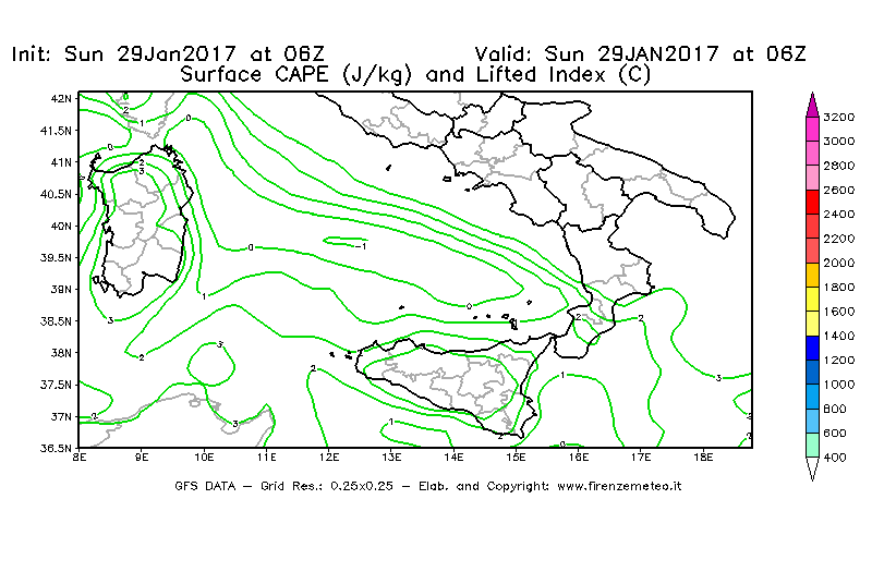 Mappa di analisi GFS - CAPE [J/kg] e Lifted Index [°C] in Sud-Italia
							del 29/01/2017 06 <!--googleoff: index-->UTC<!--googleon: index-->