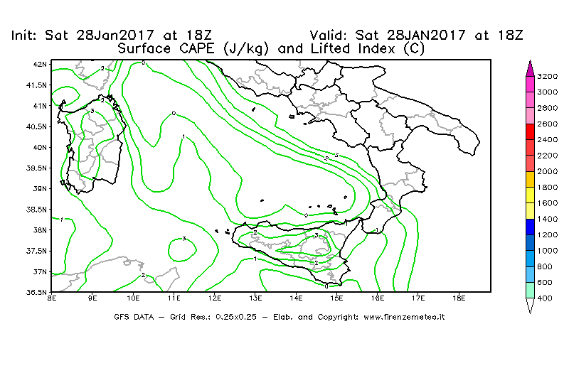 Mappa di analisi GFS - CAPE [J/kg] e Lifted Index [°C] in Sud-Italia
									del 29/01/2017 18 <!--googleoff: index-->UTC<!--googleon: index-->