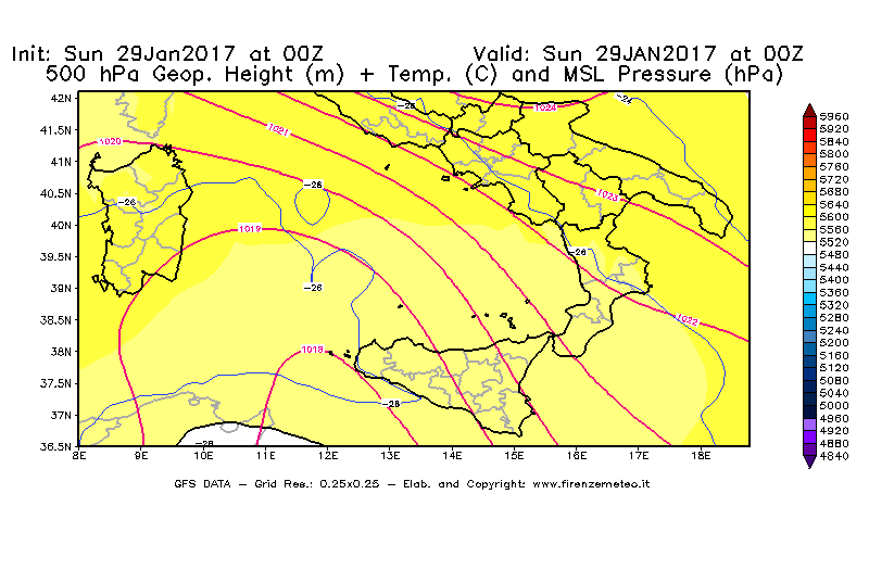 Mappa di analisi GFS - Geopotenziale [m] + Temp. [°C] a 500 hPa + Press. a livello del mare [hPa] in Sud-Italia
							del 29/01/2017 00 <!--googleoff: index-->UTC<!--googleon: index-->
