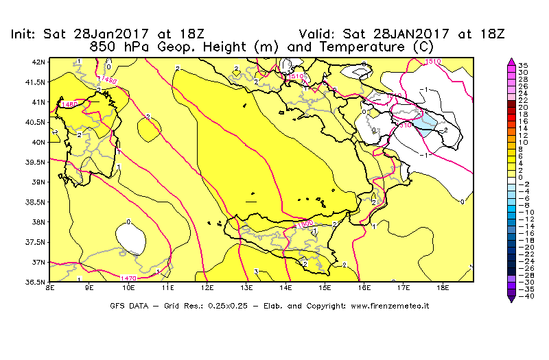 Mappa di analisi GFS - Geopotenziale [m] e Temperatura [°C] a 850 hPa in Sud-Italia
									del 29/01/2017 18 <!--googleoff: index-->UTC<!--googleon: index-->