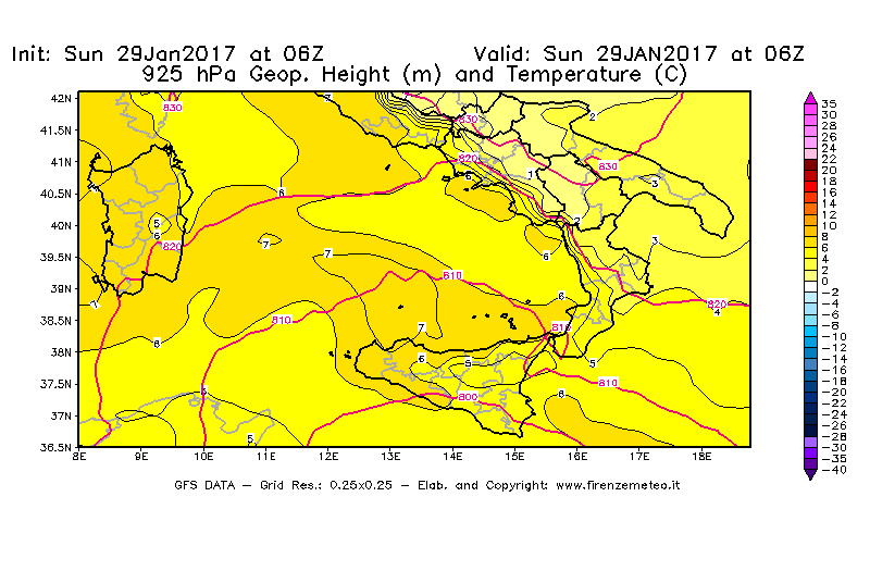 Mappa di analisi GFS - Geopotenziale [m] e Temperatura [°C] a 925 hPa in Sud-Italia
									del 29/01/2017 06 <!--googleoff: index-->UTC<!--googleon: index-->