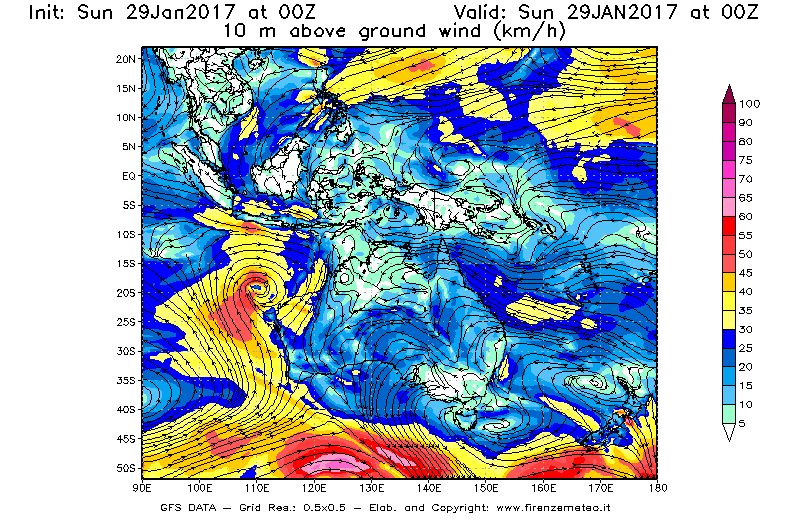 Mappa di analisi GFS - Velocità del vento a 10 metri dal suolo [km/h] in Oceania
							del 29/01/2017 00 <!--googleoff: index-->UTC<!--googleon: index-->