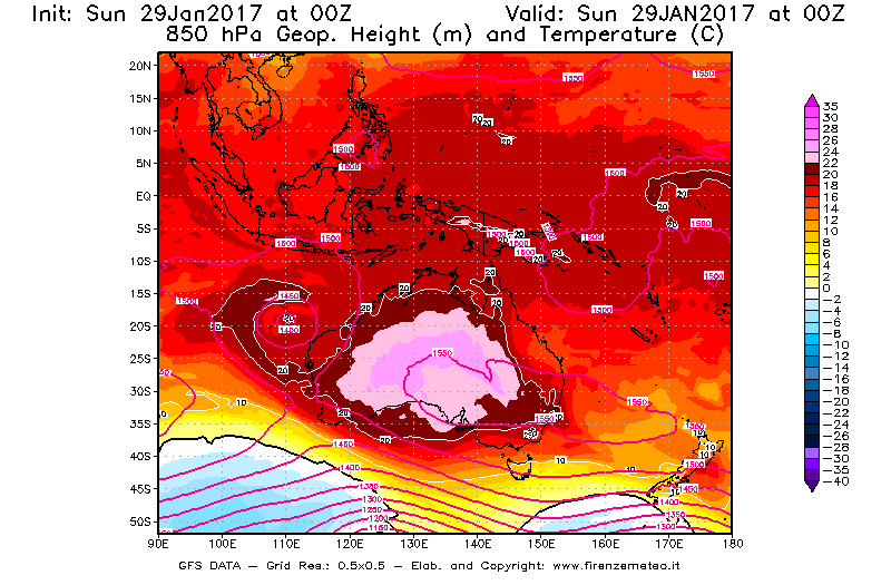 Mappa di analisi GFS - Geopotenziale [m] e Temperatura [°C] a 850 hPa in Oceania
							del 29/01/2017 00 <!--googleoff: index-->UTC<!--googleon: index-->