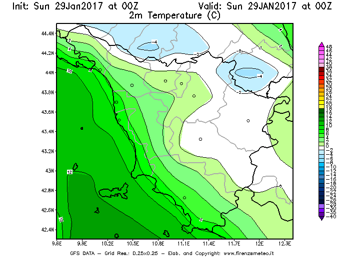 Mappa di analisi GFS - Temperatura a 2 metri dal suolo [°C] in Toscana
							del 29/01/2017 00 <!--googleoff: index-->UTC<!--googleon: index-->
