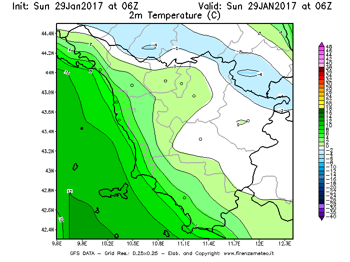 Mappa di analisi GFS - Temperatura a 2 metri dal suolo [°C] in Toscana
							del 29/01/2017 06 <!--googleoff: index-->UTC<!--googleon: index-->