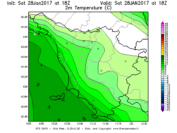 Mappa di analisi GFS - Temperatura a 2 metri dal suolo [°C] in Toscana
							del 29/01/2017 18 <!--googleoff: index-->UTC<!--googleon: index-->