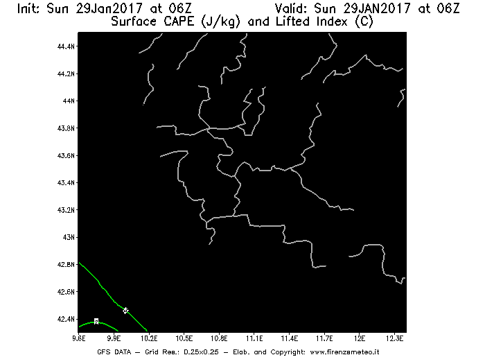 Mappa di analisi GFS - CAPE [J/kg] e Lifted Index [°C] in Toscana
									del 29/01/2017 06 <!--googleoff: index-->UTC<!--googleon: index-->