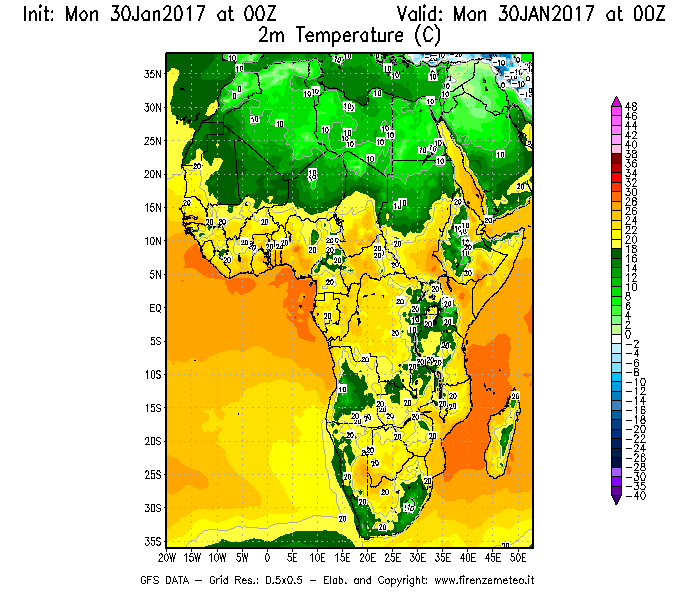 Mappa di analisi GFS - Temperatura a 2 metri dal suolo [°C] in Africa
							del 30/01/2017 00 <!--googleoff: index-->UTC<!--googleon: index-->