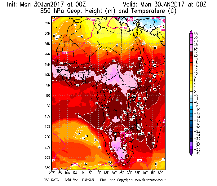 Mappa di analisi GFS - Geopotenziale [m] e Temperatura [°C] a 850 hPa in Africa
							del 30/01/2017 00 <!--googleoff: index-->UTC<!--googleon: index-->