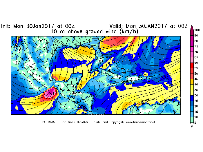 Mappa di analisi GFS - Velocità del vento a 10 metri dal suolo [km/h] in Centro-America
							del 30/01/2017 00 <!--googleoff: index-->UTC<!--googleon: index-->