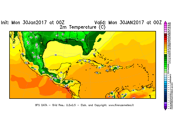 Mappa di analisi GFS - Temperatura a 2 metri dal suolo [°C] in Centro-America
							del 30/01/2017 00 <!--googleoff: index-->UTC<!--googleon: index-->