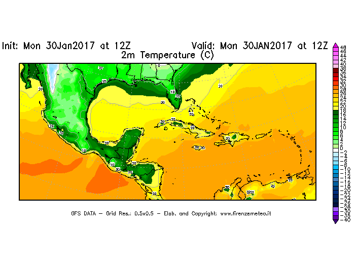 Mappa di analisi GFS - Temperatura a 2 metri dal suolo [°C] in Centro-America
							del 30/01/2017 12 <!--googleoff: index-->UTC<!--googleon: index-->
