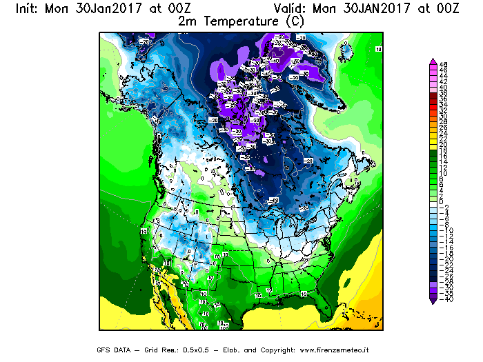 Mappa di analisi GFS - Temperatura a 2 metri dal suolo [°C] in Nord-America
							del 30/01/2017 00 <!--googleoff: index-->UTC<!--googleon: index-->