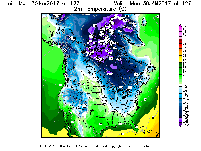 Mappa di analisi GFS - Temperatura a 2 metri dal suolo [°C] in Nord-America
							del 30/01/2017 12 <!--googleoff: index-->UTC<!--googleon: index-->
