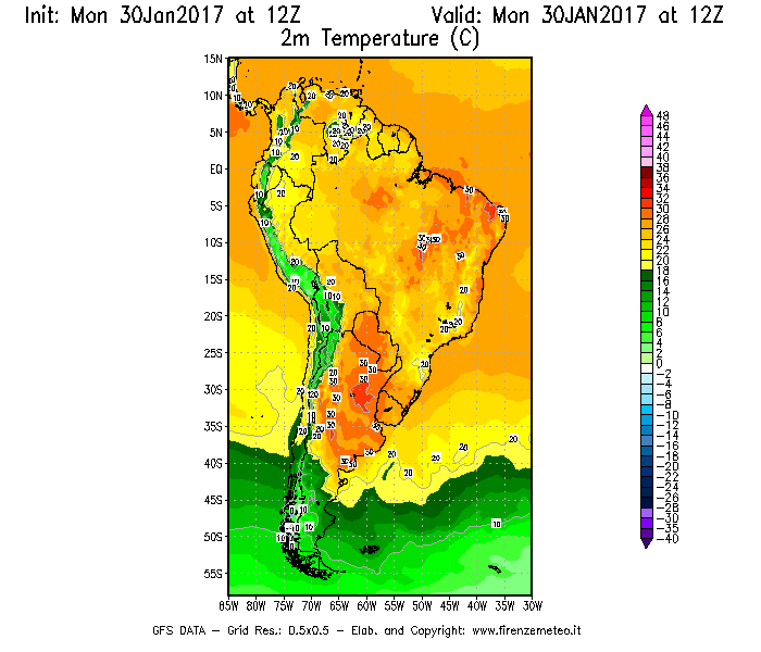 Mappa di analisi GFS - Temperatura a 2 metri dal suolo [°C] in Sud-America
							del 30/01/2017 12 <!--googleoff: index-->UTC<!--googleon: index-->