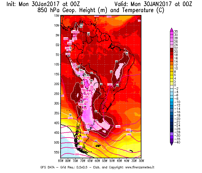 Mappa di analisi GFS - Geopotenziale [m] e Temperatura [°C] a 850 hPa in Sud-America
							del 30/01/2017 00 <!--googleoff: index-->UTC<!--googleon: index-->