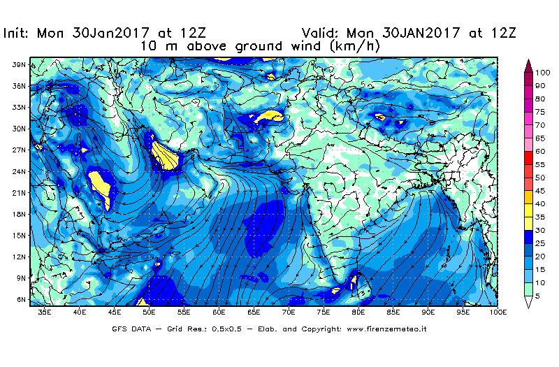 Mappa di analisi GFS - Velocità del vento a 10 metri dal suolo [km/h] in Asia Sud-Occidentale
							del 30/01/2017 12 <!--googleoff: index-->UTC<!--googleon: index-->