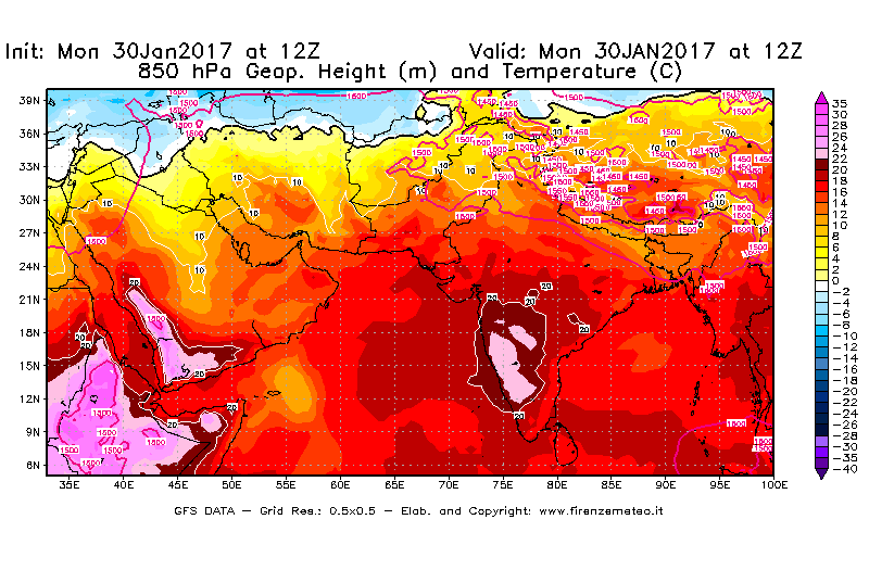 Mappa di analisi GFS - Geopotenziale [m] e Temperatura [°C] a 850 hPa in Asia Sud-Occidentale
							del 30/01/2017 12 <!--googleoff: index-->UTC<!--googleon: index-->