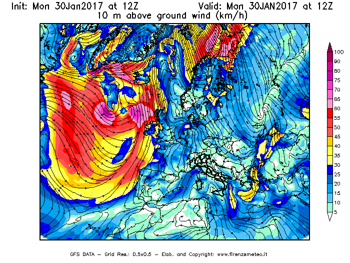 Mappa di analisi GFS - Velocità del vento a 10 metri dal suolo [km/h] in Europa
							del 30/01/2017 12 <!--googleoff: index-->UTC<!--googleon: index-->