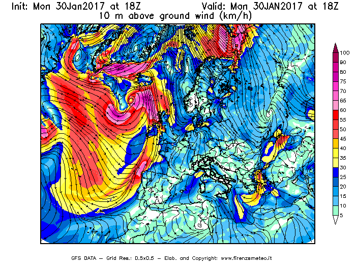 Mappa di analisi GFS - Velocità del vento a 10 metri dal suolo [km/h] in Europa
							del 30/01/2017 18 <!--googleoff: index-->UTC<!--googleon: index-->