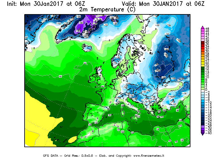 Mappa di analisi GFS - Temperatura a 2 metri dal suolo [°C] in Europa
							del 30/01/2017 06 <!--googleoff: index-->UTC<!--googleon: index-->