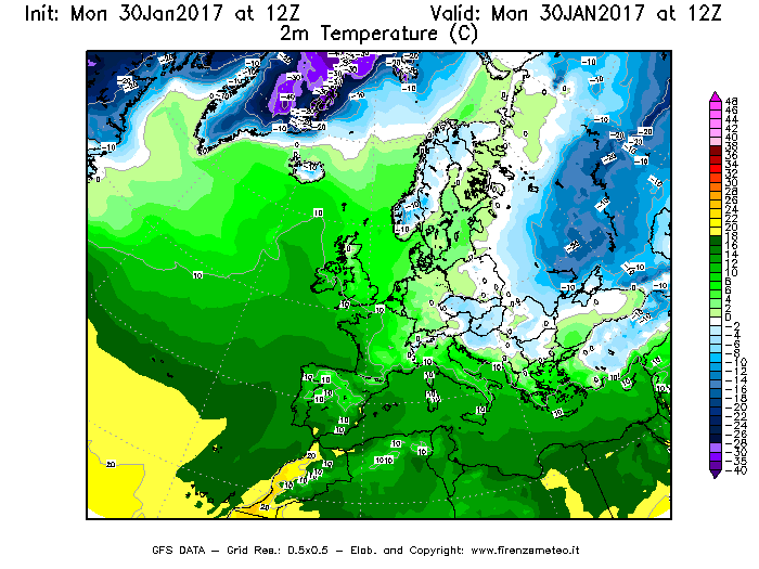 Mappa di analisi GFS - Temperatura a 2 metri dal suolo [°C] in Europa
							del 30/01/2017 12 <!--googleoff: index-->UTC<!--googleon: index-->