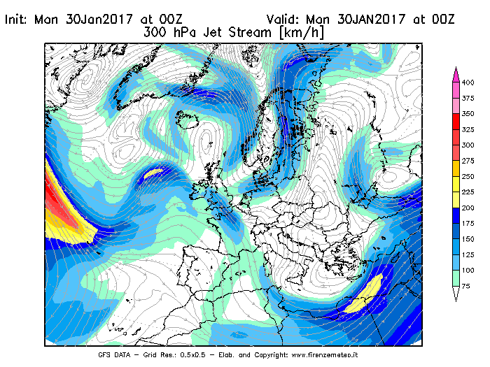 Mappa di analisi GFS - Jet Stream a 300 hPa in Europa
							del 30/01/2017 00 <!--googleoff: index-->UTC<!--googleon: index-->