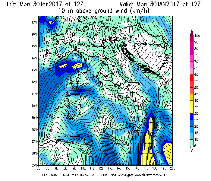 Mappa di analisi GFS - Velocità del vento a 10 metri dal suolo [km/h] in Italia
							del 30/01/2017 12 <!--googleoff: index-->UTC<!--googleon: index-->