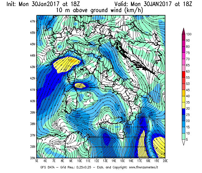 Mappa di analisi GFS - Velocità del vento a 10 metri dal suolo [km/h] in Italia
							del 30/01/2017 18 <!--googleoff: index-->UTC<!--googleon: index-->
