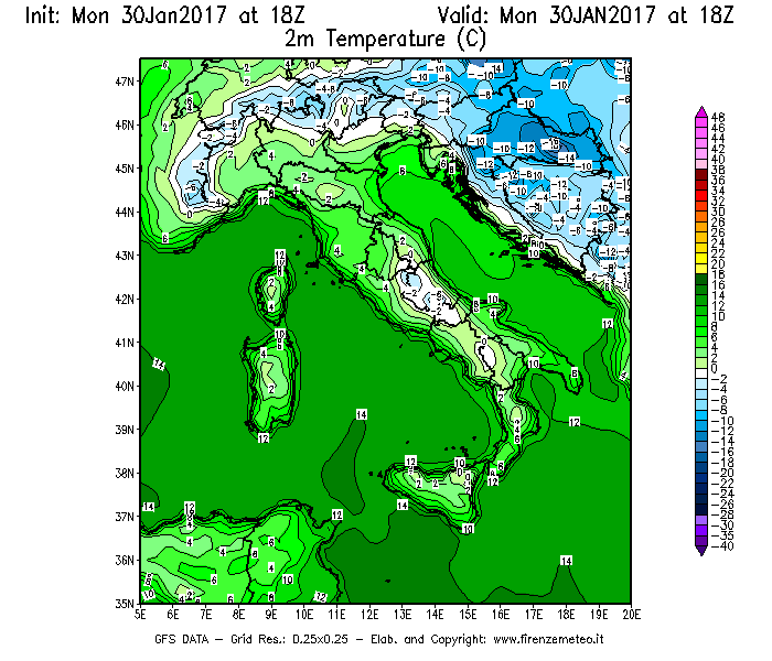 Mappa di analisi GFS - Temperatura a 2 metri dal suolo [°C] in Italia
							del 30/01/2017 18 <!--googleoff: index-->UTC<!--googleon: index-->