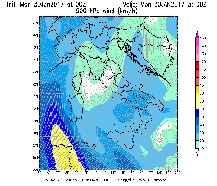 Mappa di analisi GFS - Velocità del vento a 500 hPa [km/h] in Italia
							del 30/01/2017 00 <!--googleoff: index-->UTC<!--googleon: index-->