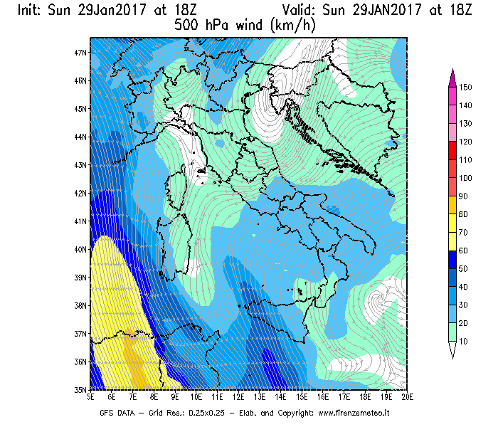 Mappa di analisi GFS - Velocità del vento a 500 hPa [km/h] in Italia
							del 30/01/2017 18 <!--googleoff: index-->UTC<!--googleon: index-->