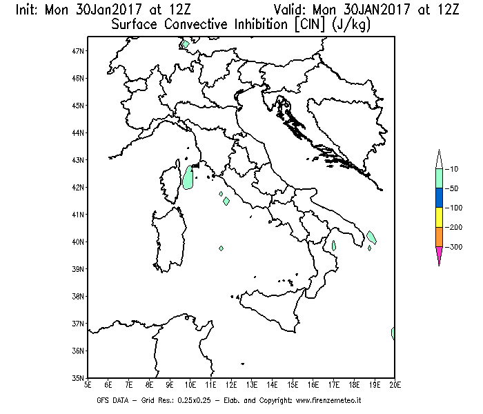 Mappa di analisi GFS - CIN [J/kg] in Italia
							del 30/01/2017 12 <!--googleoff: index-->UTC<!--googleon: index-->