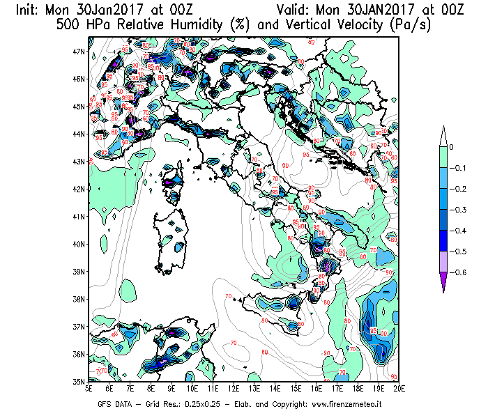 Mappa di analisi GFS - Umidità relativa [%] e Omega [Pa/s] a 500 hPa in Italia
							del 30/01/2017 00 <!--googleoff: index-->UTC<!--googleon: index-->