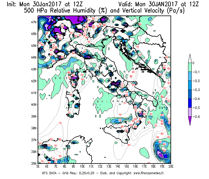 Mappa di analisi GFS - Umidità relativa [%] e Omega [Pa/s] a 500 hPa in Italia
							del 30/01/2017 12 <!--googleoff: index-->UTC<!--googleon: index-->