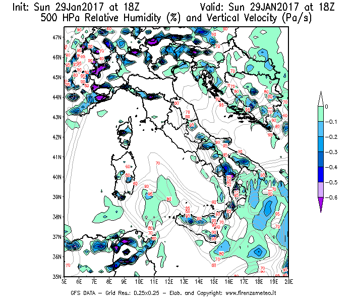 Mappa di analisi GFS - Umidità relativa [%] e Omega [Pa/s] a 500 hPa in Italia
							del 30/01/2017 18 <!--googleoff: index-->UTC<!--googleon: index-->