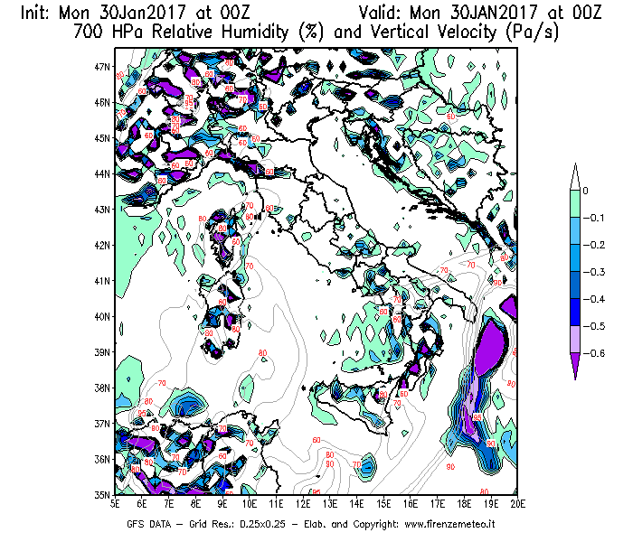 Mappa di analisi GFS - Umidità relativa [%] e Omega [Pa/s] a 700 hPa in Italia
							del 30/01/2017 00 <!--googleoff: index-->UTC<!--googleon: index-->